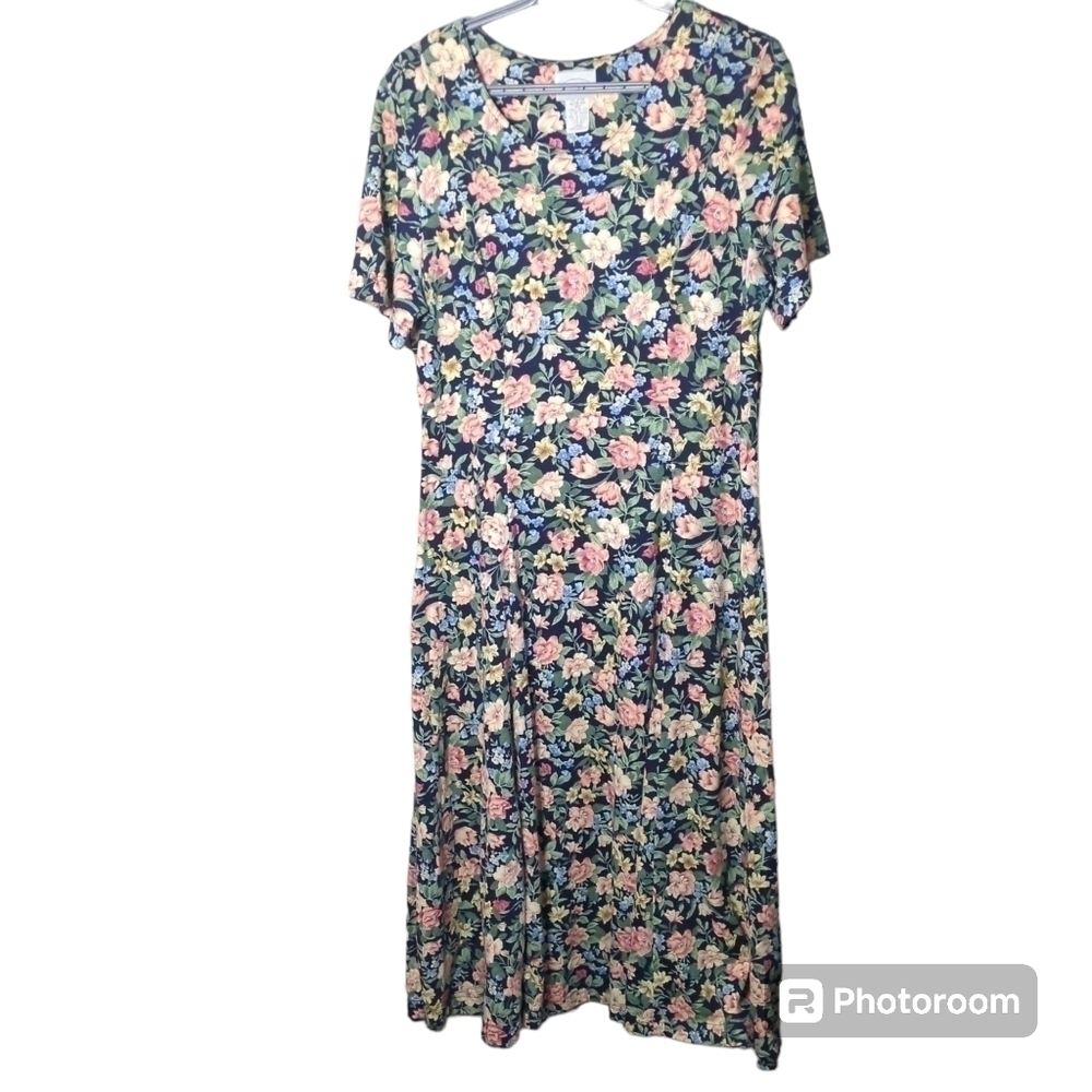 Vintage 1045 Park Floral Short Sleeve Midi Dress Size Large 80's 90's Grannycore